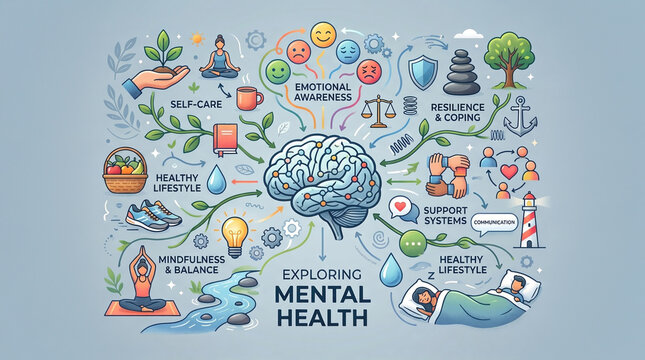 Educational illustration about emotional wellbeing, mindfulness, resilience, support, and healthy daily habits