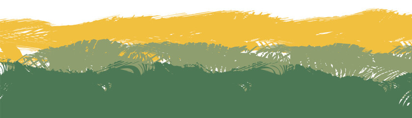 abstract landscape with green and gold paper layers representing a minimal farm field vector illustration  organic shapes and simple rustic silhouettes of nature elements create a scenic view © Maria Petrish