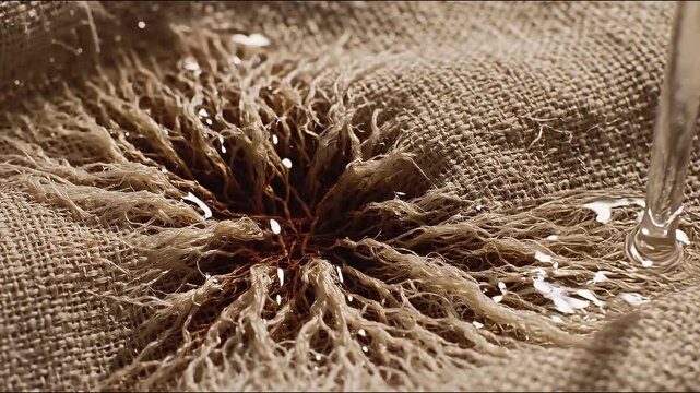 Close-up of frayed burlap fabric with a starburst pattern of loose threads