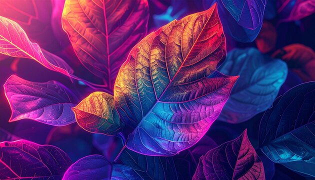 Vibrant Neon Leaves with Colorful Lighting Effects.