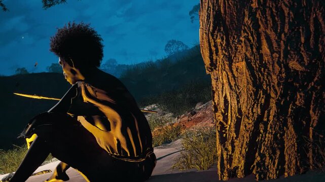 3D CGI Prehistoric Stock Video - Side View Silhouette of Early Humans Seated Around Campfire at Night, Primitive Tribe Night Camp and Social Bonding Footage.