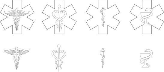Fototapeta premium Caduceus medical icons set with healthcare symbols and emergency star cross signs in flat and outline styles, isolated on transparent background, medicine and hospital illustration collection