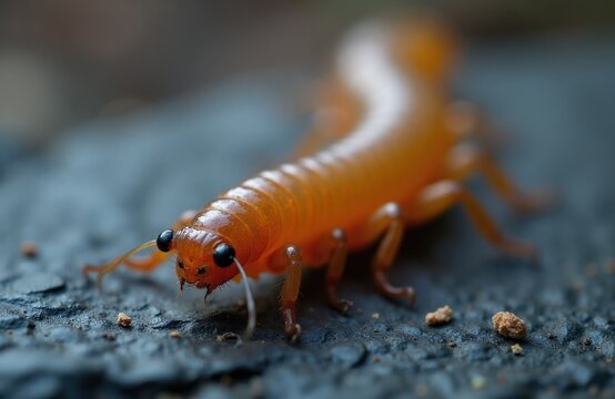 Orange wireworm larva crawls on dark surface. This beetle pest eats plant roots in soil. Macro insect view shows its body segments and legs in detail.