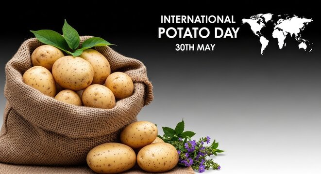 Rustic burlap sack full of fresh potatoes with green leaves and map graphic for international day of potato