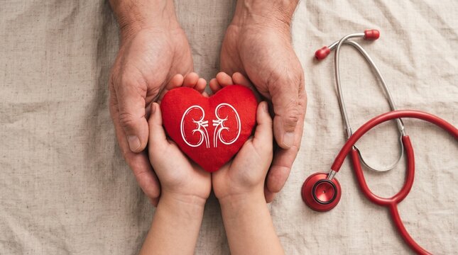 Kidney health awareness concept, red heart with kidney icon held by adult and child hands, medical stethoscope on neutral fabric background