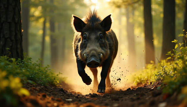 Wild boar runs fast towards camera through forest path. Animal charges through dirt and dust in low angle sunlight. Intense wildlife encounter in woods.
