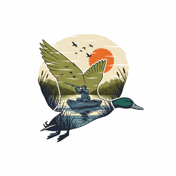 Duck hunting double exposure vintage illustration with hunter in boat at sunset