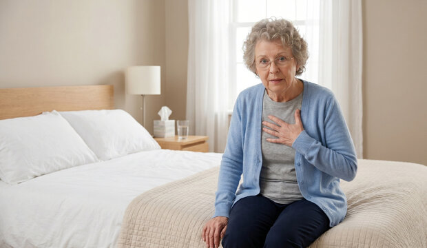 Elderly woman, concept of breathlessness and heart disease symptoms