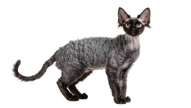 Devon Rex cat with curly grey fur and black face, isolated on transparent background