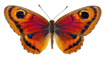 Vibrant orange and red butterfly with black eye spots, isolated on transparent background © Miguel