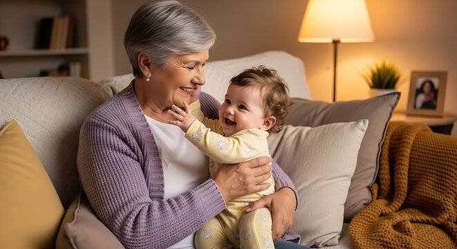 Joyful asian grandma plays with her cute baby granddaughter. They cuddle, embrace and laugh together. Family enjoy time at home on sofa. Bonding grandma with grandkid concept love forever.