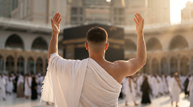 A male Muslim pilgrim wearing white ihram raises his hands high in deep prayer towards the holy Kaaba at the Grand Mosque in Mecca during a beautiful golden sunrise.