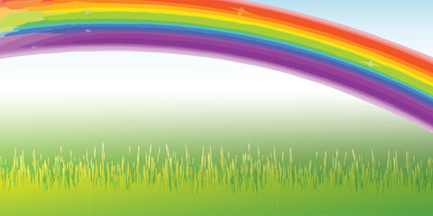 Obraz premium Vibrant rainbow arching over a lush green field with a clear sky.