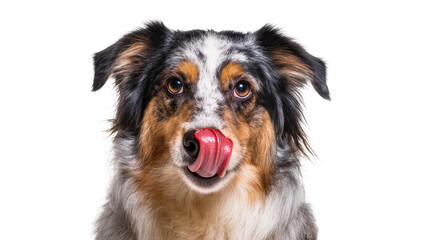 Australian Shepherd dog licking its nose, isolated on transparent background © Miguel