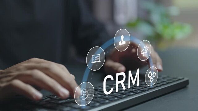 CRM customer relationship management concept. Person typing keyboard with customer data and communication icons, client management, sales tracking and business relationships.