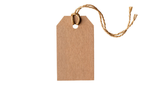 Brown kraft paper gift tag with twine string, isolated on transparent background