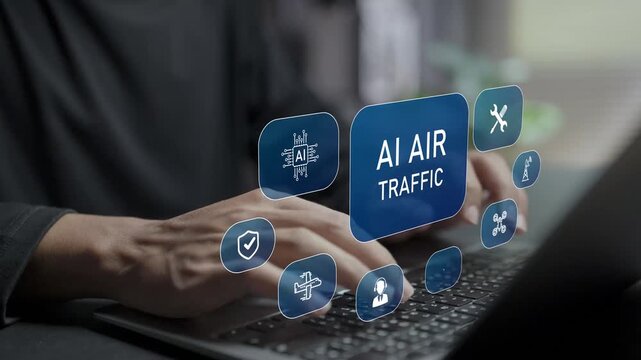 AI air traffic management concept. Person using laptop with artificial intelligence and aviation control icons, flight monitoring, air traffic automation and smart transportation technology.
