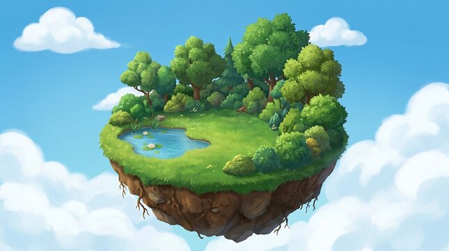 A small island with trees and a pond floats in the air surrounded by clouds