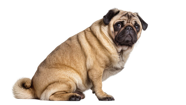 Fawn pug dog sitting looking curious, isolated on transparent background