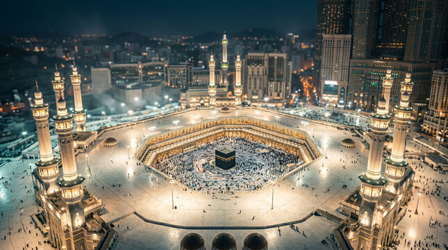 A stunning aerial night view of the illuminated Grand Mosque and the holy Kaaba in Mecca, surrounded by glowing minarets, massive crowds of pilgrims, and the sprawling city skyline.