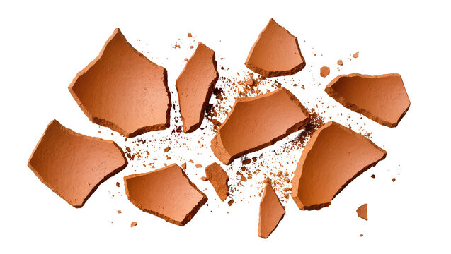 Scattered terracotta shards and dust fragments isolated on transparent background