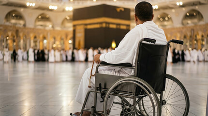 Obraz premium A disabled Muslim pilgrim in a wheelchair wearing white ihram looks towards the holy Kaaba while holding prayer beads at the Grand Mosque in Mecca during a spiritual journey.
