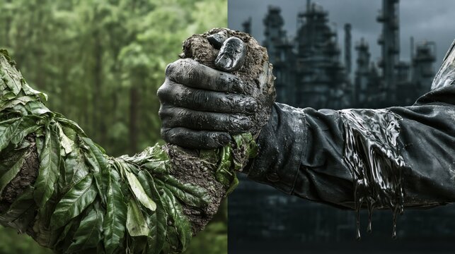 A green leaf wrapped arm and an oil-stained coverall arm in an intense wrestling grip in a nature versus oil industry concept.
