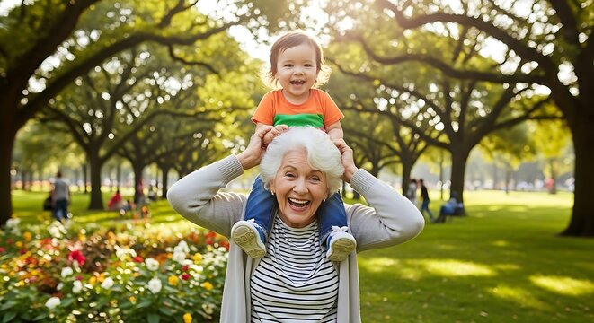 When grandparents enter discipline leaves. Portrait of a happy grandmother holding her grandchild on her shoulders.
