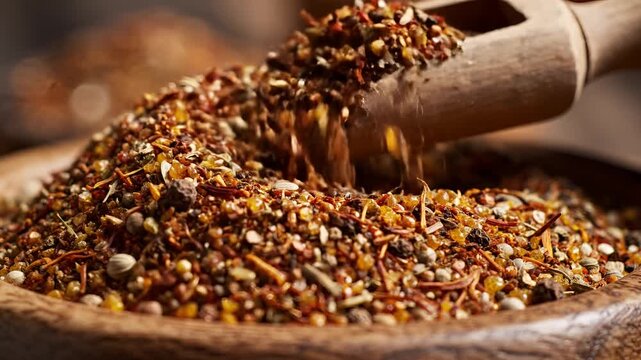Closeup of a wooden bowl filled with a flavorful spice blend.