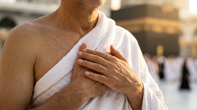 A male Muslim pilgrim wearing white ihram places his hands over his heart in a gesture of deep faith and devotion with the blurred holy Kaaba in the background at the Grand Mosque in Mecca.