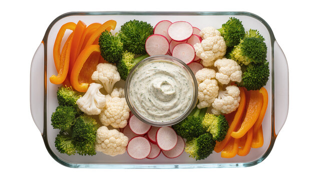 Fresh vegetable platter with broccoli cauliflower radish and orange pepper slices, isolated on transparent background