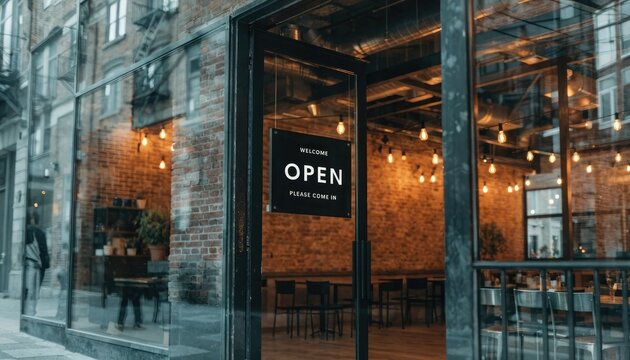 Open sign on a cafe door with glass walls and brick interior restaurant glass door brick wall