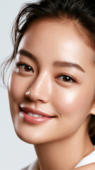 Fototapeta premium vertical beauty portrait young east asian model with natural brown contact lenses, close up aesthetic female face with clean skin and soft makeup