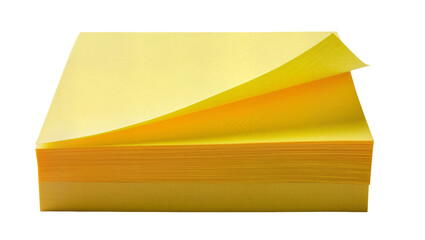 Stack of bright yellow sticky notes with one corner peeled back, isolated on transparent background © Miguel