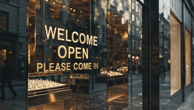 Gold storefront window with welcome open sign and jewelry display glass