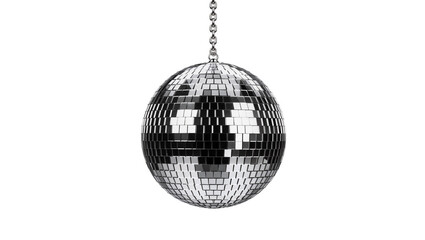 Silver disco ball with chain, isolated on transparent background