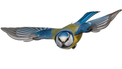 Blue tit bird with spread wings flying, isolated on transparent background © Miguel