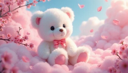 Fototapeta premium Fluffy white teddy bear sits on soft pink clouds surrounded by cherry blossoms. Gentle petals fall around the cute toy. Dreamy sky background with blue tones.