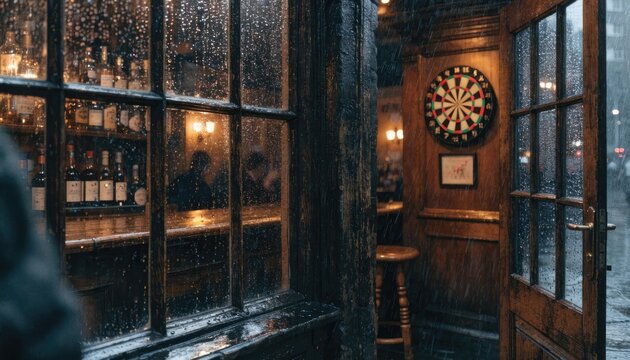 Rainy day pub exterior with dartboard and bar interior window