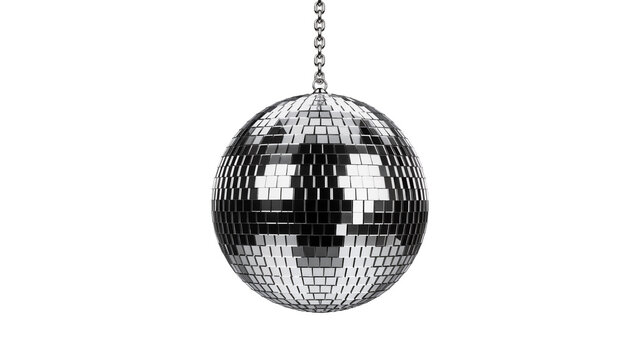 Silver disco ball with chain, isolated on transparent background