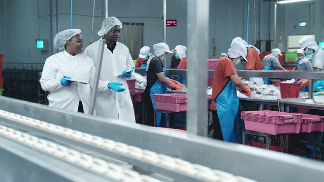 Two African American factory supervisors discuss and examine quality control, inspect and monitor fish chopping, and food production process in chilled, sterile warehouse, for logistics distribution.