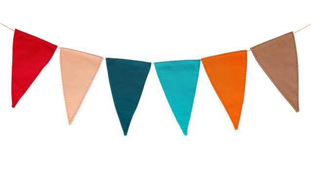 Colorful fabric triangle bunting flags strung on a thin cord, isolated on transparent background