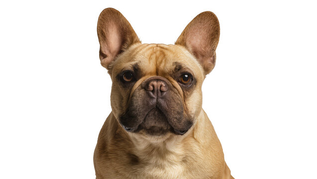 Fawn French Bulldog with large ears looking forward, isolated on transparent background
