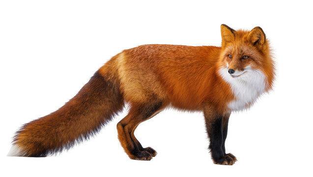 Red fox with bushy tail and white chest, isolated on transparent background