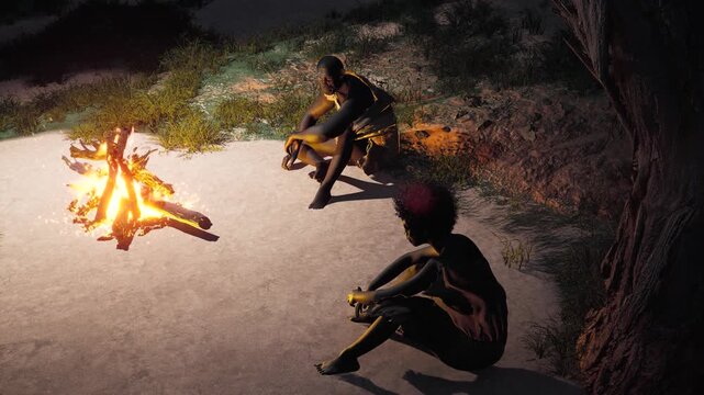 3D CGI Prehistoric Stock Video - High-Angle View of Early Hominids Guarding a Prisoner by the Campfire at Night, Ancient Human Tribe Conflict and Captivity Concept Footage.