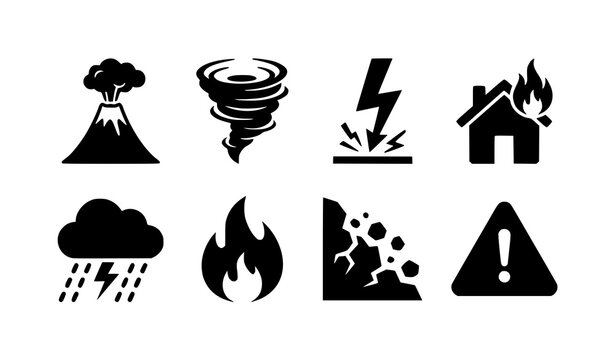 Black disaster emergency and hazard silhouette icon set vector illustration