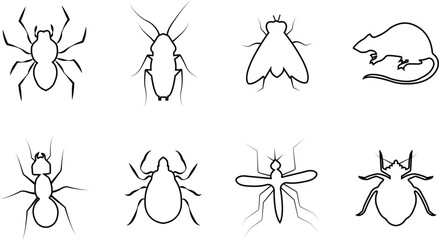Pest control vector set collection group with insect rodent prohibition icons, bug mosquito rat cockroach symbol, no pest sign silhouette outline isolated design on transparent background. © Asia