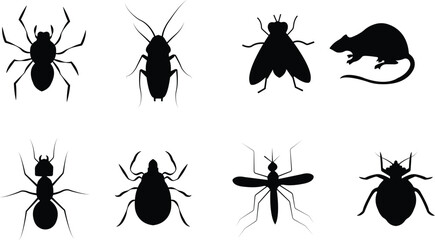 Pest control vector set collection group with insect rodent prohibition icons, bug mosquito rat cockroach symbol, no pest sign silhouette outline isolated design on transparent background. © Asia