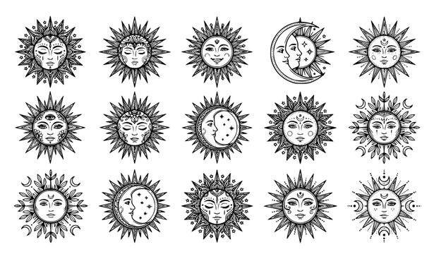 Mystical celestial sun face vector collection with fine line art bohemian moon and tribal facial designs