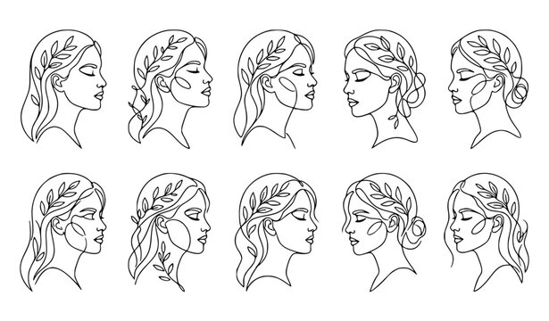 Minimalist elegant female face vector set with continuous line art woman portrait and abstract botanical designs